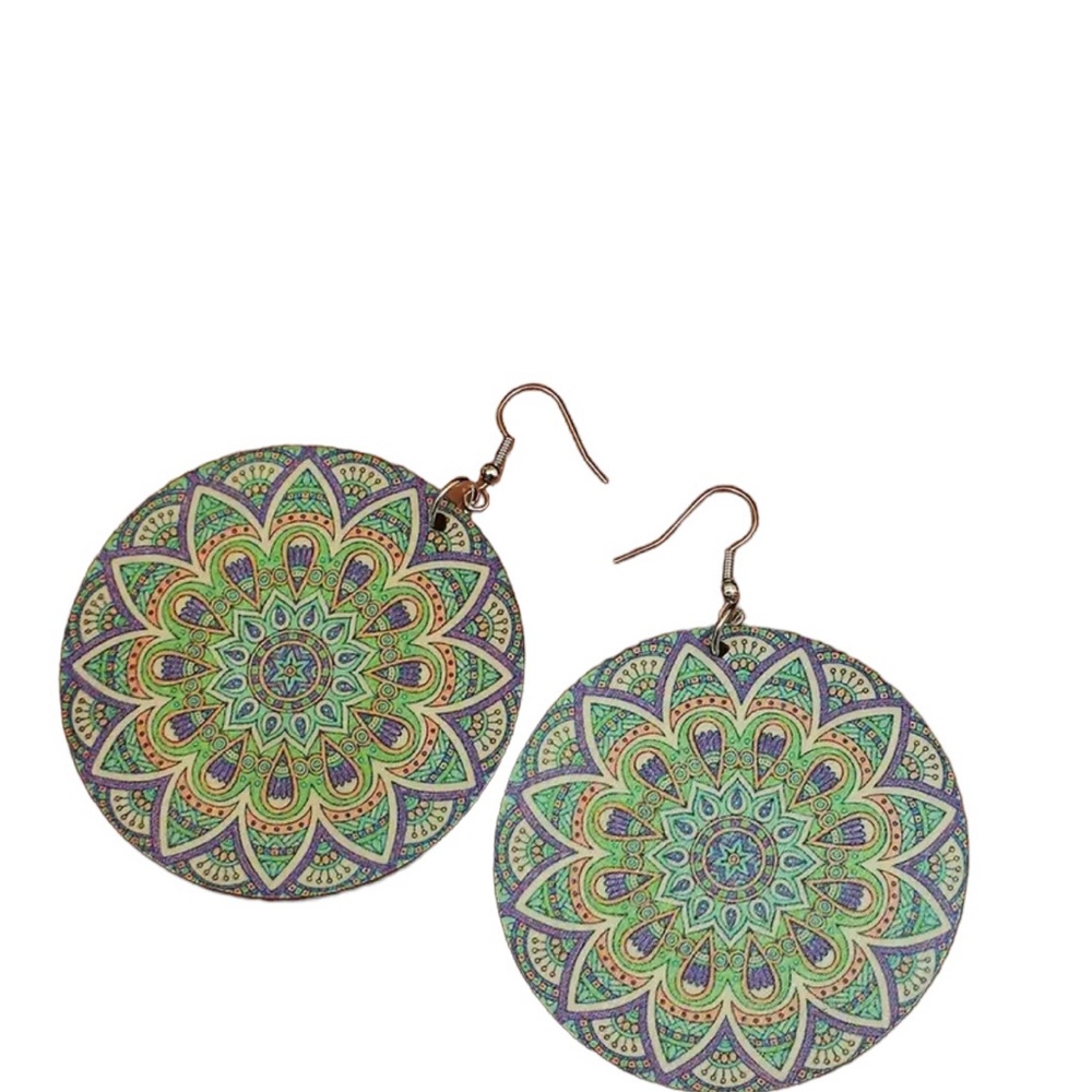 Boho Colorful Round Wooden Disk Drop Style Earrin… - image 4